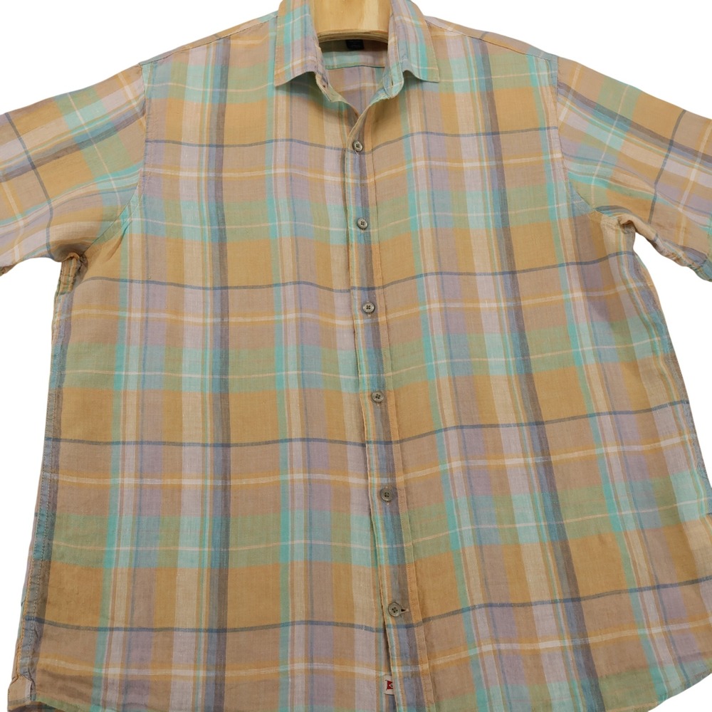 Lands End Mens Large 100% Linen Short Sleeve Button Down Plaid Shirt Yellow Teal - Picture 3 of 7